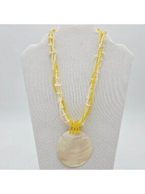 Yellow & White Beaded Necklace With Shell Pendant Multi-Strand Design